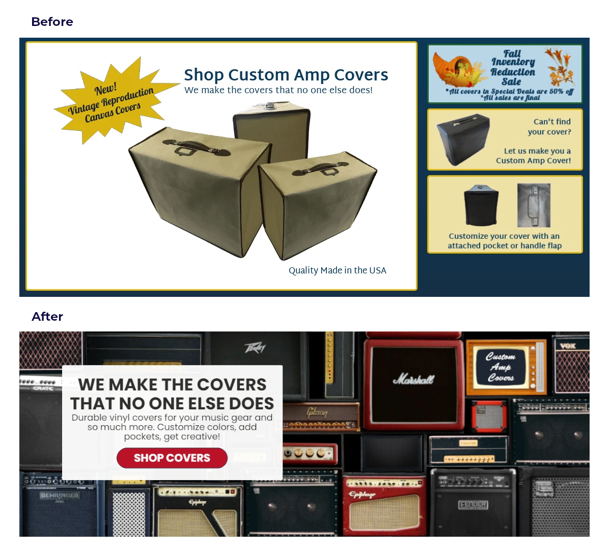 Custom Amp Covers home page before